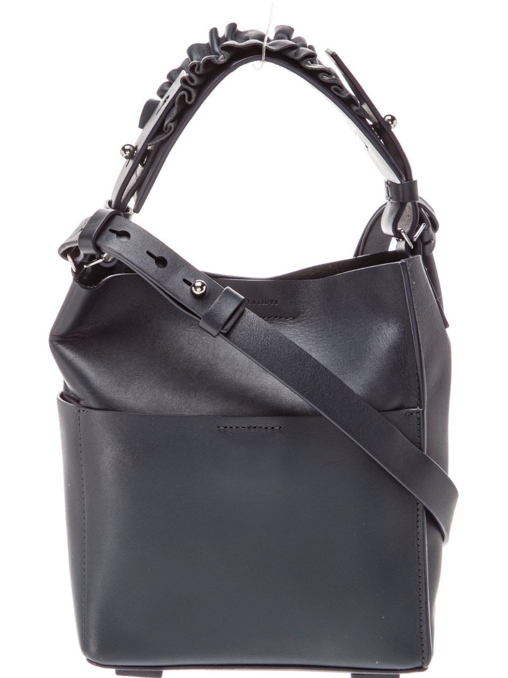 AllSaints Marine Blue Leather Bucket Bag with Ruffle Top Handle